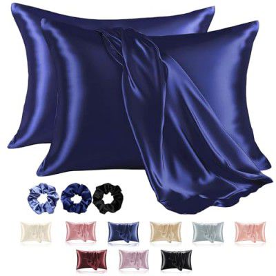 Kuber Industries Set of 2 Satin Pillow Covers for Hair with 3 Satin Scrunchies for Women & Envelope Closure | Navy Blue