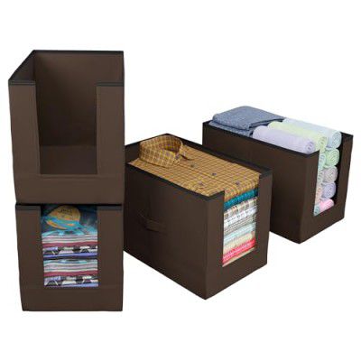 Kuber Industries Shirt Organizer for Wardrobe|Foldable Non Woven Shirt Stacker|Designer Cupboard Organizer for Clothes |Clothes Storage box|Pack of 4 (Brown)