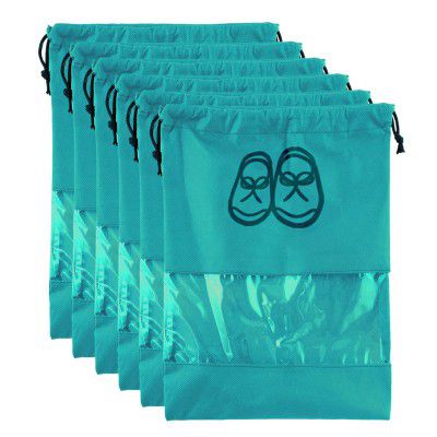 Kuber Industries Shoe Bags Pouches|Shoe Cover For Traveling|Non Woven Drawstring Bag|Shoe Bag For Shoes, Slipper, Heels|Transparent Window|Pack of 6 (Sky Blue)