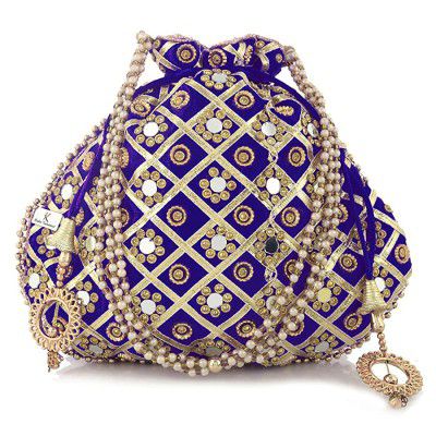 Kuber Industries Silk Traditional Mirror Work Clutch Potli Batwa Pouch Bag for Women/Girls (Blue)-KUBMART11495, Standard