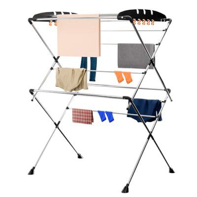Kuber Industries Stainless Steel 2 Layer Cloth Drying Stand Foldable | 13 Hanger Rods and 10 Additional Hooks