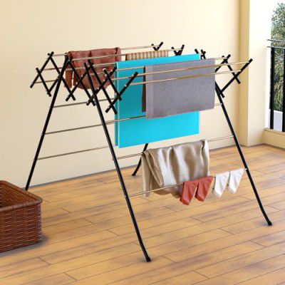 Kuber Industries Stainless Steel Cloth Stand for Drying Clothes Foldable with 17 Hanger Rods | Space Saver 2 Sided Wet Cloth Hanger for Balcony | Black