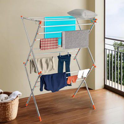 Kuber Industries Stainless Steel Cloth Stand for Drying Clothes Foldable with 13 Hanger Rods