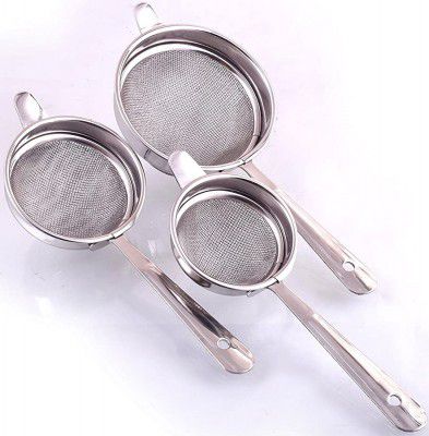 Kuber Industries Stainless Steel Double Mesh Tea Strainer Chalni 8,9,10 cm Diameter (3 Piece, Silver)