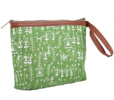 Kuber Industries Toiletry Pouch|Warli Print Travel Cosmetic Pouch|Canvas Waterproof Makeup Pouch with Handle (Green)