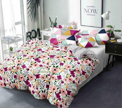 Kuber Industries Triangle Design Glace Cotton Double Bedsheet with 2 Pillow Covers (Blue & Cream) - CTKTC40425