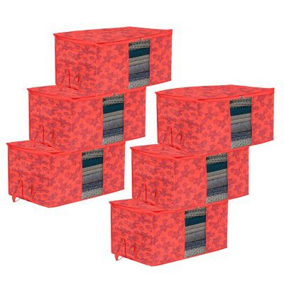 Kuber Industries Underbed Storage Bag | Clothes Storage Bag | Blanket Cover with Clear Window | Zipper Closure & Handle Cloth Organizer | New Flower-Design | Large | Pack of 6 | Red