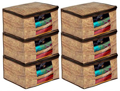 Kuber Industries Wooden Print 6 Piece Non Woven Fabric Saree Cover (Brown)