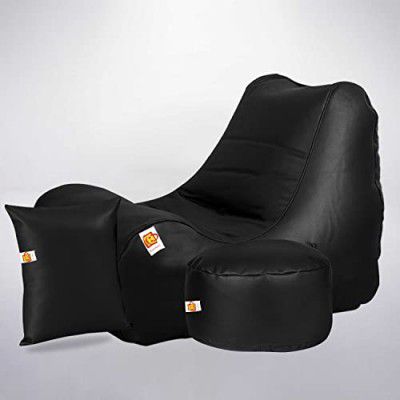 Kushuvi Prefield Bean Bag Lounger Chair & Puff Stool Filled with Beans/Filler ( Black )(Faux Leather)