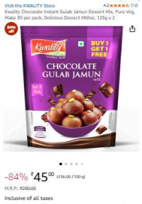 Kwality Chocolate Instant Gulab Jamun Dessert Mix, Make 30 per pack,125g x 2