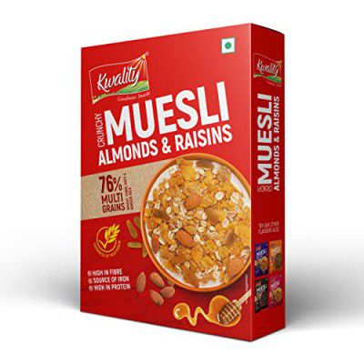Kwality Crunchy Muesli, Almonds Raisins and Honey - Goodness of Multigrain, High in Fibre, Source of Vitamin, Iron and Protein 400g [Pack of 1]