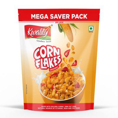 KWALITY Golden Corn Flakes - Crispy and Delicious Breakfast Cereal Made with 100% Natural Corn - 99% Fat Free, No Preservatives or Colors, Protein Source, Cholesterol-Free