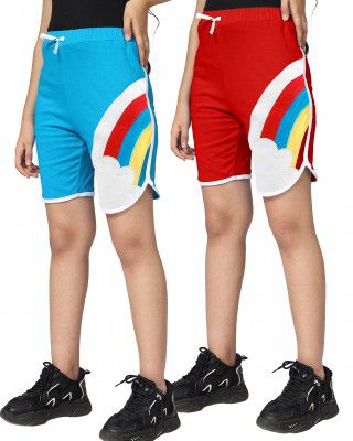KYDA KIDS 100% Cotton Trendy Rainbow Embroidery Shorts for Girls - Regular Fit Summer Girls Shorts, Multicolored, Pack of 2