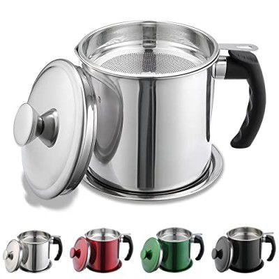 Kyraton Bacon Grease Container With Strainer,48 Oz Stainless Steel Oil Container, Pot Fat Storage (14.5 X 13.6 X 14 Centimeters, Silver)
