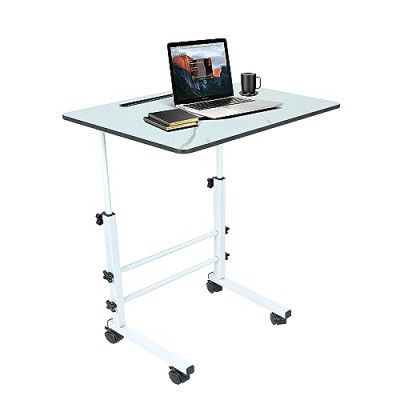 KYZEN Wood Flexi Desk - Height Adjustable Multipurpose Table On Wheels For Work Classroom & Computer Use With Mobile & Tab Holding Stand (39Lx59Wx76H Cm)_(White)