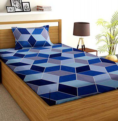 la' amour 160 GSM Single Bedsheet with 1 Pillow Cover - 144 TC Supersoft Glace Cotton - Breathable & Wrinkle Free - 2 Pcs Set | Brown & Blue
