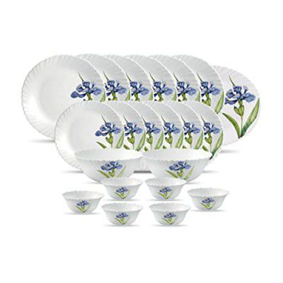 La Opala Diva Classique Collection Opal Glass Crockery | for Family of 6 | Dinner Set 21 pcs Royal Iris | White