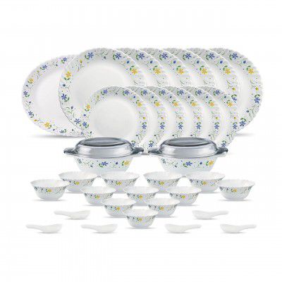 La Opala Diva Classique Collection Opal Glass Crockery | for Family of 6 | Dinner Set 35 pcs Twilight Bouquet | Plates & Bowls for Dining | Microwave Safe | 100% Vegetarian | Extra Strong | White