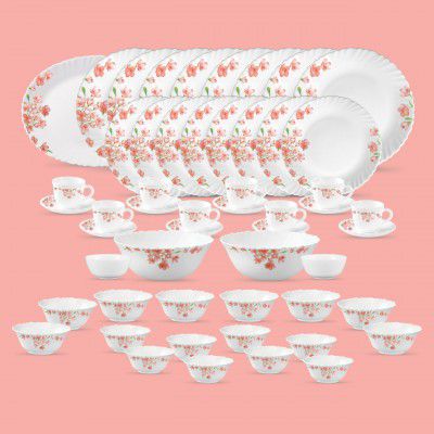 La Opala Diva Classique Collection Opal Glass Crockery | for Family of 8 | Dinner Set 53 pcs Aster Pink