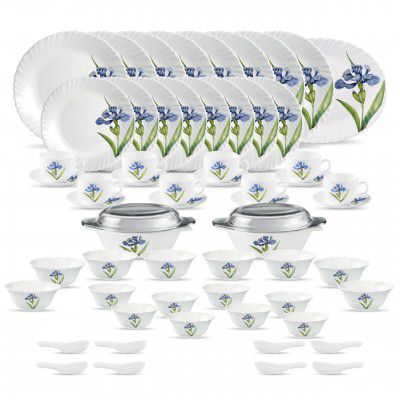 La Opala Diva Classique Collection Opal Glass Crockery | for Family of 8 | Dinner Set 61 pcs Royal Iris
