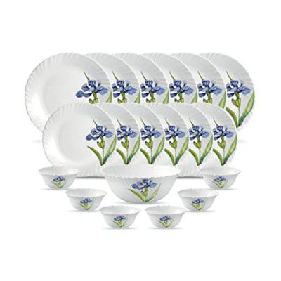 La Opala Diva, Classique Collection, Opal Glass Dinner Set 19 pcs, Royal Iris, White