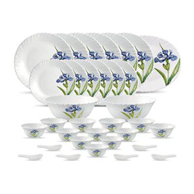 La Opala Diva Classique Collection Opal Glass Crockery | for Family of 6 | Dinner Set 33 pcs Royal Iris