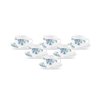 La Opala Diva, Opal Glass Coffee Cup & Saucer Set Iris 12 pcs, Aster Blue, White