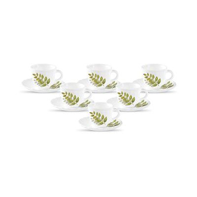 La Opala Diva, Opal Glass Cup & Saucer Set Tulip Large 12 pcs, Autumn Shadow, White