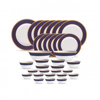 La Opala Diva Sovrana Collection Opal Glass Crockery | for Family of 6 | Dinner Set 33 pcs Regent Blue | Plates & Bowls for Dining | Microwave Safe | 100% Vegetarian | Extra Strong | Light & White