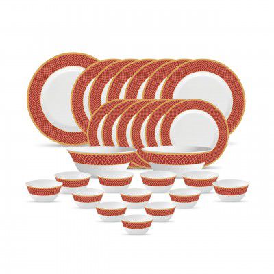 La Opala Diva Sovrana Collection Opal Glass Crockery | for Family of 6 | Dinner Set 27 pcs Regent Red