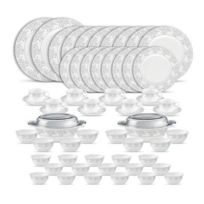 La Opala Diva Velvett Collection Opal Glass Crockery | for Family of 8 | Dinner Set 62 pcs Aria Grey  | Light & White