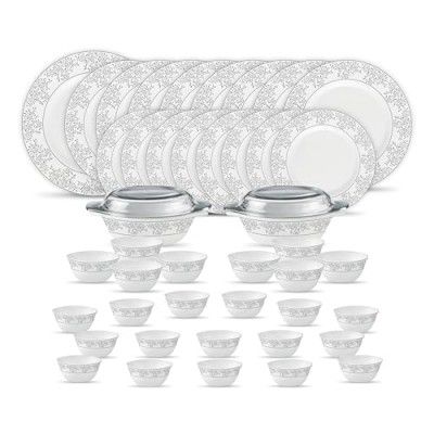 La Opala Diva Velvett Collection Opal Glass Crockery | for Family of 8 | Dinner Set 45 pcs Aria Grey  | Light & White