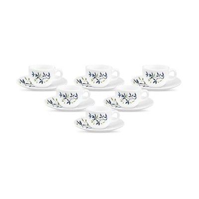 La Opala, Melody Collection, Opal Glass Coffee Cup & Saucer Set Jamaica 12 pcs, Silken Charm, White