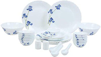 La Opala Novo Collection Opal Glass Crockery | for Family of 6 | Dinner Set 35 pcs Blue Orchids | Plates & Bowls for Dining | Microwave Safe | 100% Vegetarian | Extra Strong | Light & White