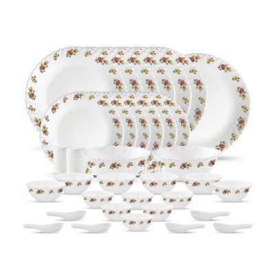 La Opala, Novo Collection, Opal Glass Dinner Set 35 pcs, Petite Roses, White, Standard