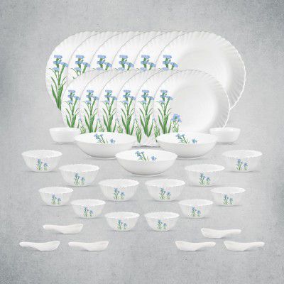 La Opala Opal Glass Crockery | for Family of 6 | Dinner Set 35 pcs Blue Florets