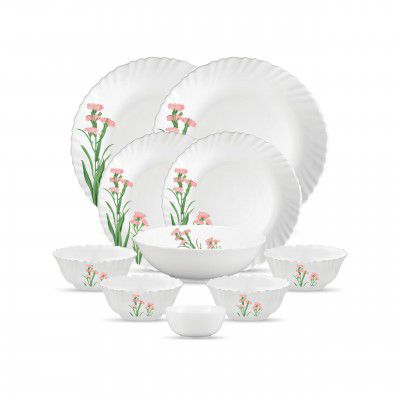 La Opala Opal Glass Crockery | for Family of 2 | Dinner Set 10 pcs Pink Florets | Plates & Bowls for Dining 