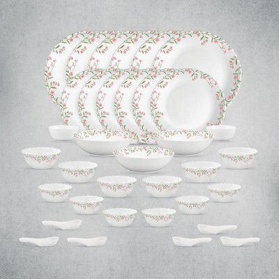 La Opala Opal Glass Crockery | for Family of 6 | Dinner Set 35 pcs |Extra Light & White