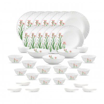 La Opala Opal Glass Crockery | for Family of 6 | Dinner Set 35 pcs Pink Florets