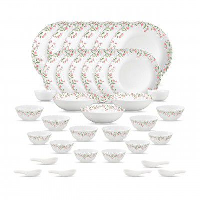 La Opala Opal Glass Crockery | for Family of 6 | Dinner Set 35 pcs Spring Meadows