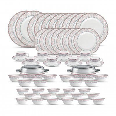 La Opala, Sovrana Collection, Opal Glass Floral Dinner Set 62 Pcs, Moroccan Pink, White