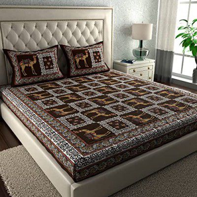La Verne104 TC 100% Cotton Jaipuri Rjasathani Hand Print Bedsheet with 2 Pillow Covers (Brown)