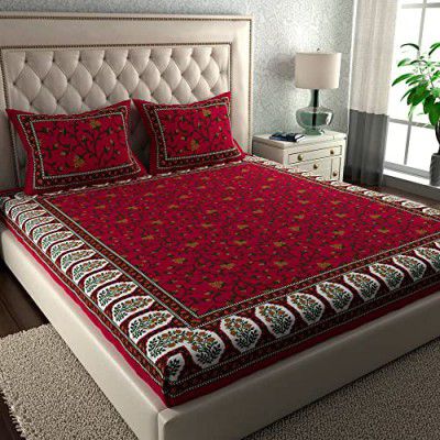 La Verne104 TC 100% Cotton Jaipuri Rjasathani Hand Print Bedsheet with 2 Pillow Covers (Red)
