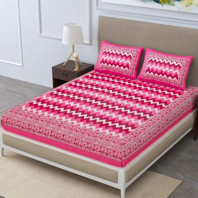 La Verne104 TC 100% Cotton Jaipuri Rjasathani Hand Print Bedsheet with 2 Pillow Covers (Pink)