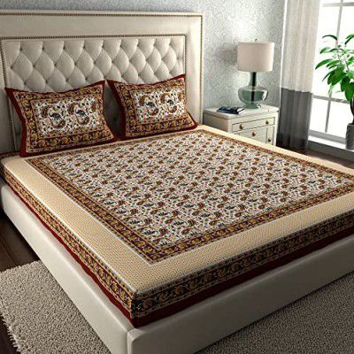 La Verne104 TC 100% Cotton Jaipuri Rjasathani Hand Print Bedsheet with 2 Pillow Covers (Red)