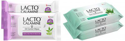 Lacto Calamine Oil Control Face Wipes with Neem, Vitamin B3 and Aloe Vera White, 60 Count, Pack of 2 & Lacto Calamine Daily Cleansing Face Wipes, Pack of 2, 50 Count