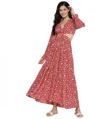 LADILA ENTERPRISE Red Floral Waist Cut-Out Maxi Dress