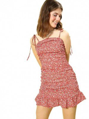 LADILA ENTERPRISE Women Red Floral Printed Ruched Bodycon Mini Dress