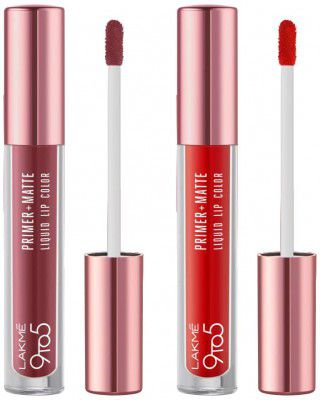 Lakmé 9to5 Primer + Matte Liquid Lip Color MB1 Hustling Nude & Lakmé 9to5 Primer + Matte Liquid Lip Color MR2 Driven Red