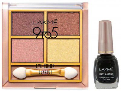 LAKMÉ Shimmery Insta Liquid Eye Liner, Black, 9Ml And 9 To 5 Eye Color Quartet Eye Shadow, Desert Rose, 7G